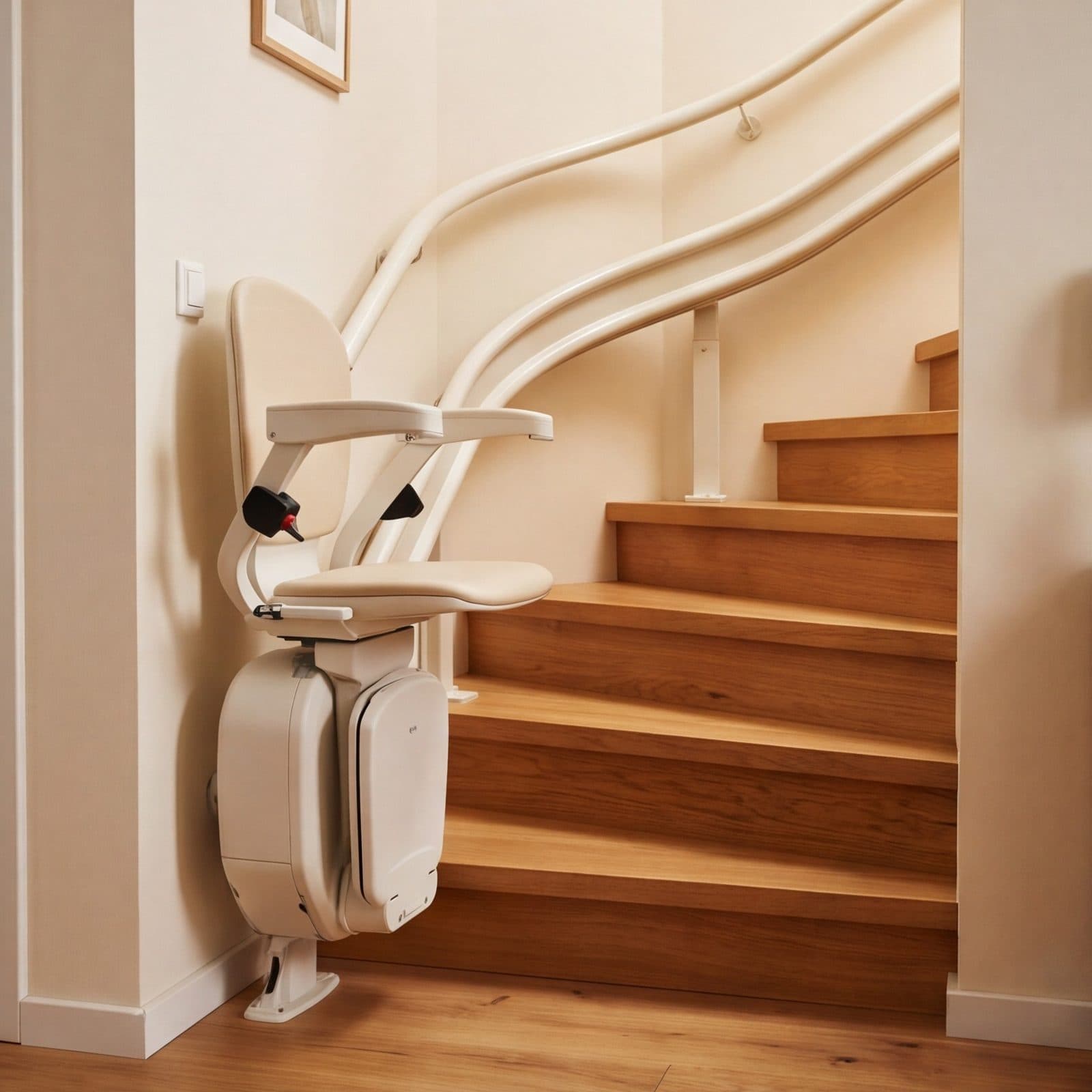 Treppenlift mit Sitz an einer gewendelten Holztreppe