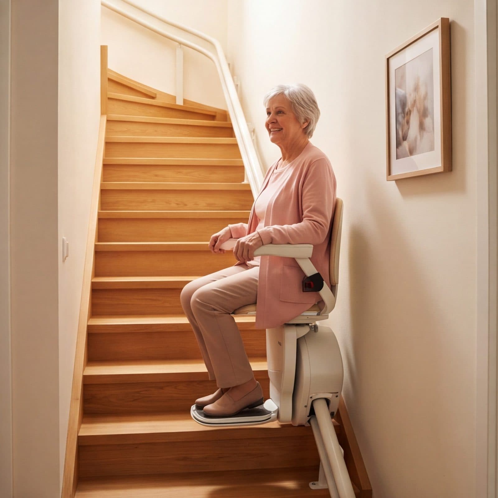 Ältere Frau sitzt lächelnd auf einem Treppenlift in ihrem Haus